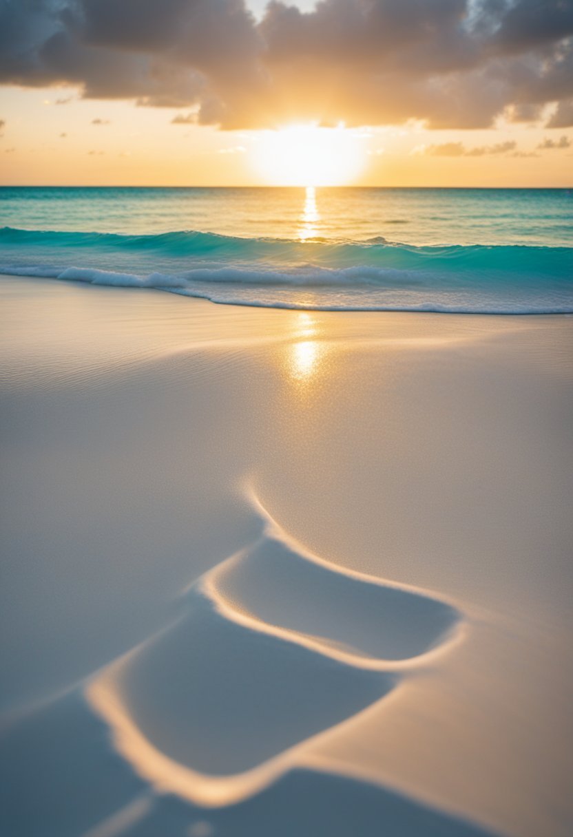 The sun sets over the pristine white sand and crystal-clear turquoise waters of Grace Bay, Turks and Caicos, making it one of the top 5 best beaches in the world