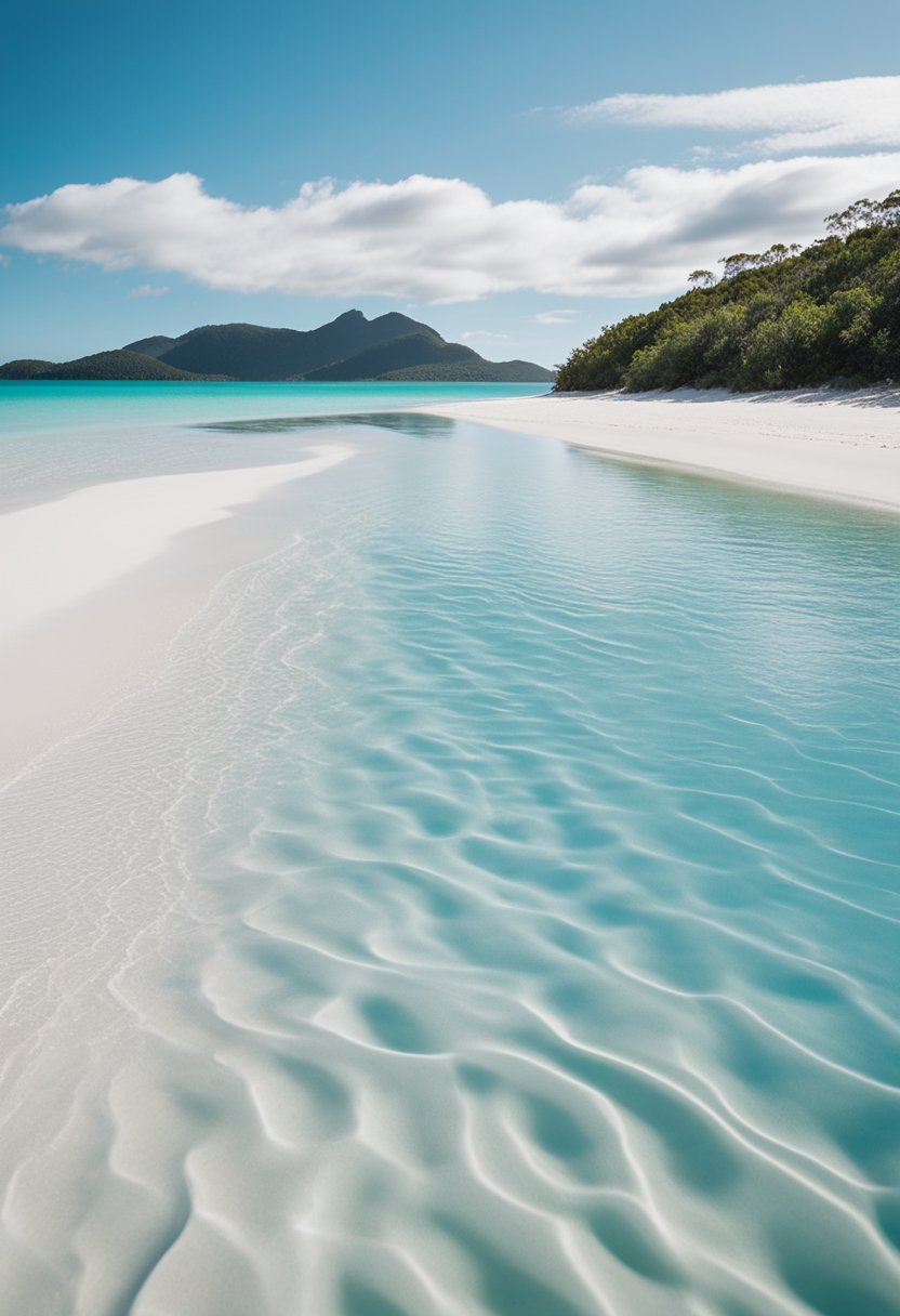 Crystal-clear waters meet pristine white sand at Whitehaven Beach, Australia. Gentle waves lap the shore under a clear blue sky