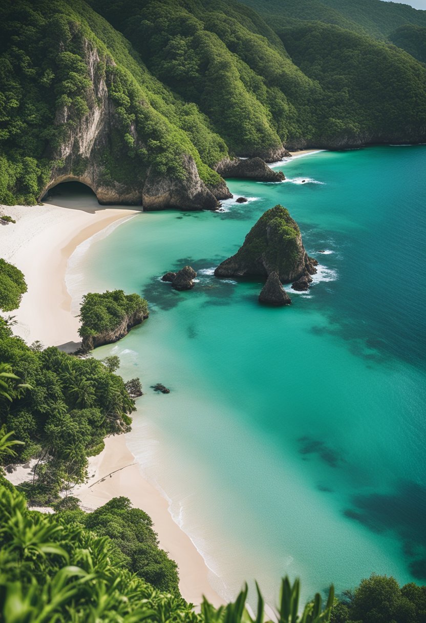 A pristine beach with turquoise waters, white sand, and lush green cliffs at Baia do Sancho, Brazil