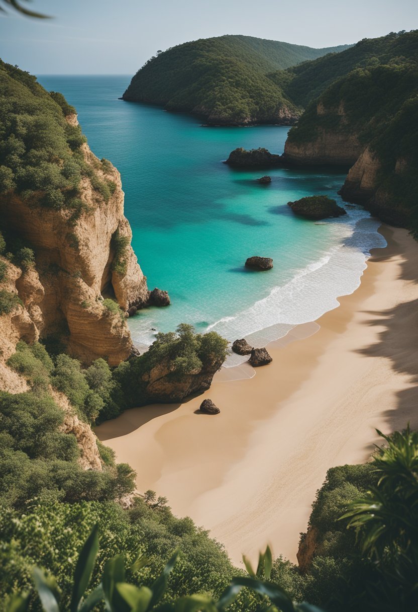 A stunning cliff-lined beach with turquoise waters and golden sand, framed by rugged rock formations and lush greenery