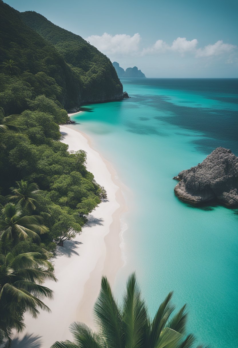 A serene, white sandy beach with crystal clear turquoise water, surrounded by lush green palm trees and towering cliffs in the distance