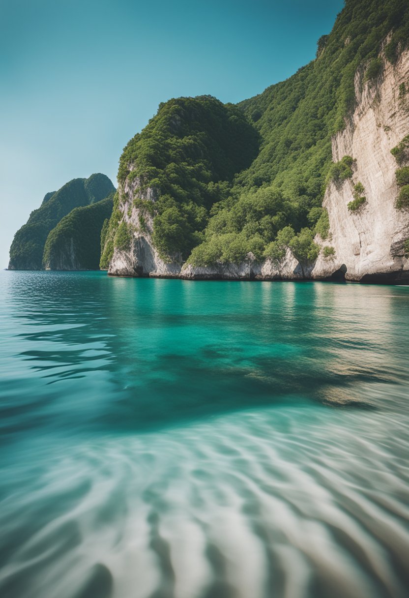 Turquoise waters lapping against white sandy shores, surrounded by lush greenery and towering cliffs. A serene and idyllic beach scene, conveying environmental and cultural significance