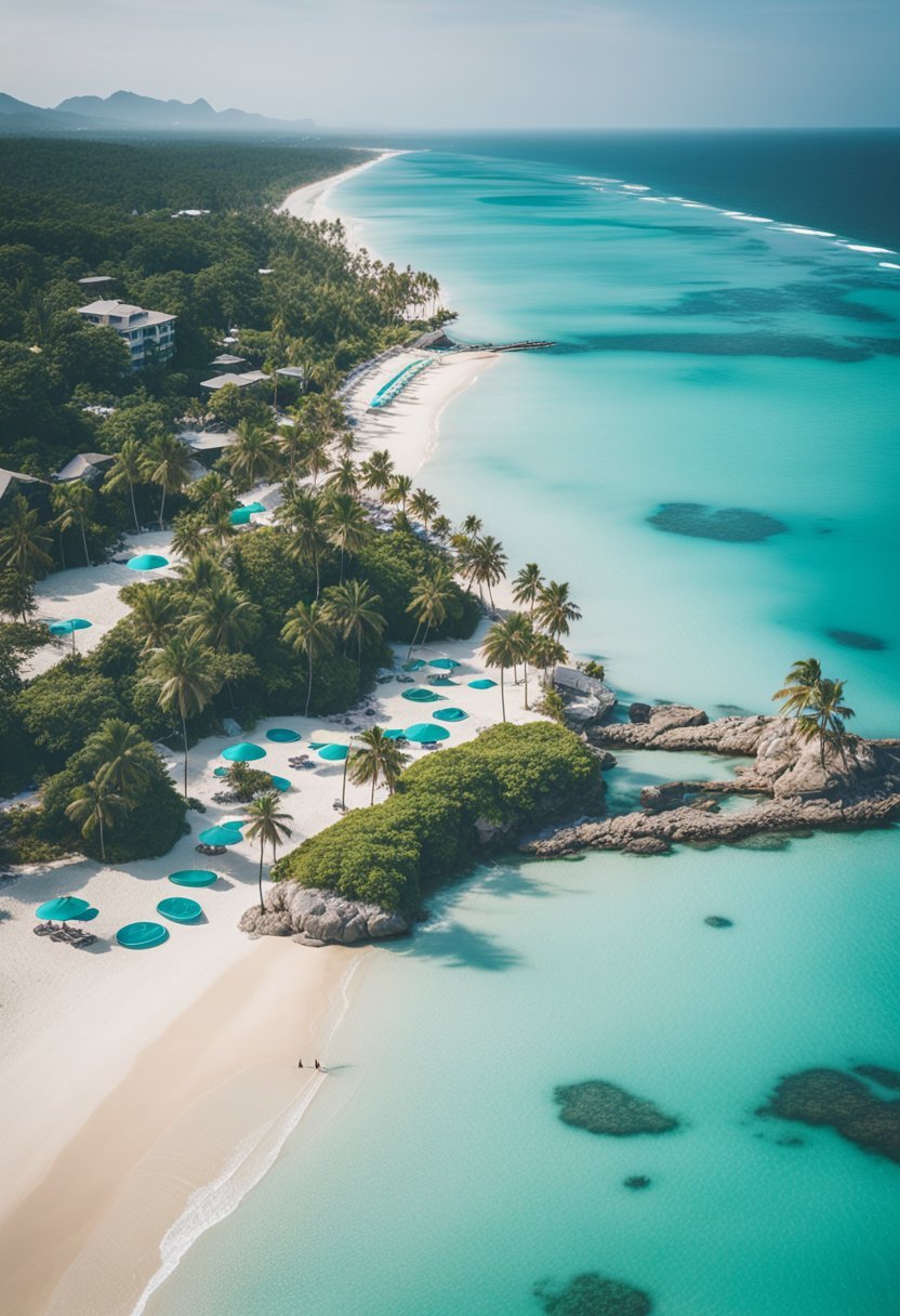 A serene beach with crystal-clear turquoise water, white sandy shores, palm trees, and colorful umbrellas dotted along the coastline