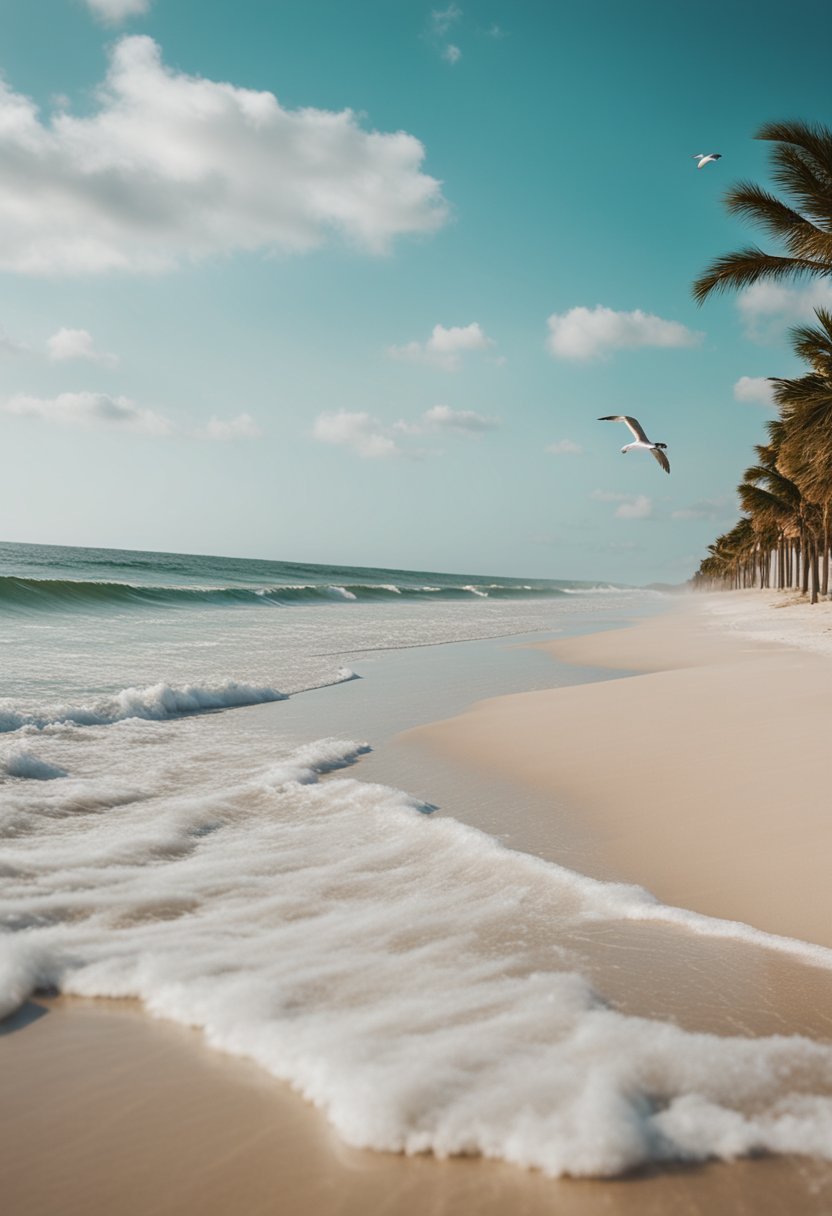 Golden sand, turquoise waves, palm trees, and seagulls on the 5 best beaches in Alabama