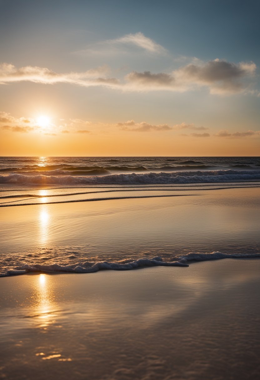 The sun sets over the sandy shore of Gulf Shores Main Public Beach, with gentle waves lapping at the coastline