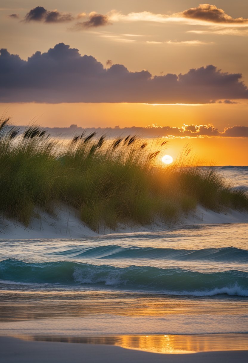 Sunset over calm, golden sands at Orange Beach, Alabama. Gentle waves break on the shore, framed by lush greenery and distant dunes