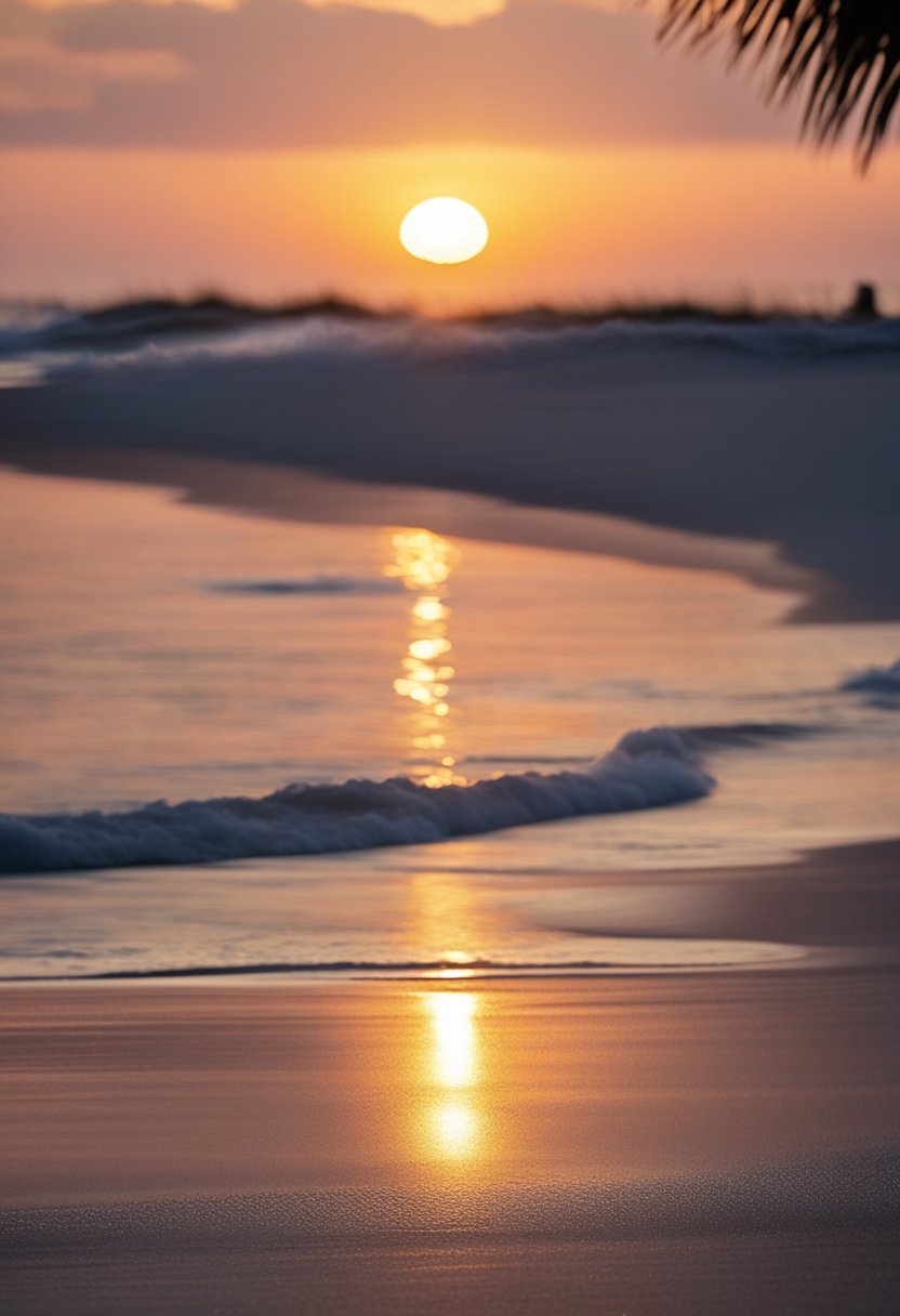 The sun sets over the tranquil shores of Dauphin Island, with gentle waves lapping against the sandy beaches, framed by swaying palm trees and colorful beach umbrellas