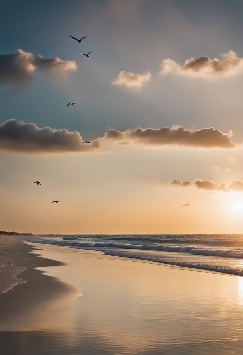 The sun sets over the pristine white sand of Gulf State Park Beach, with gentle waves lapping at the shore and seagulls circling in the sky