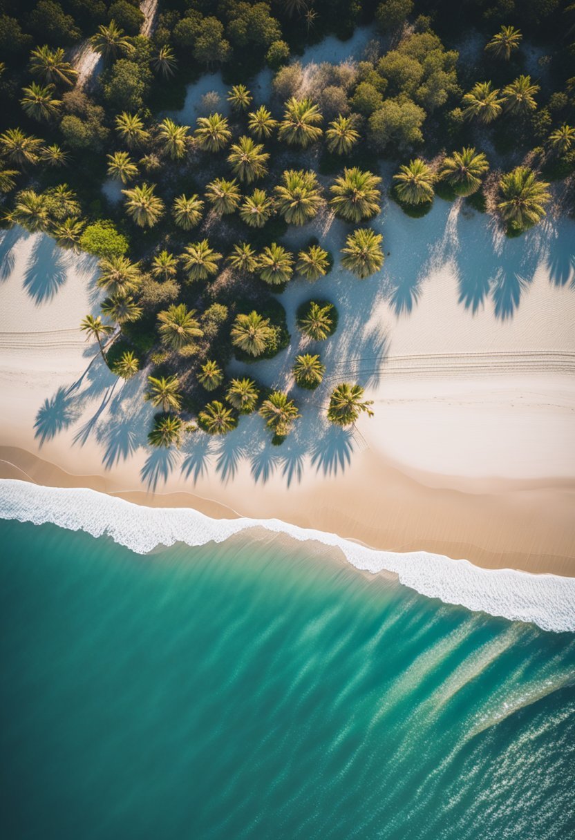 Golden sand, clear turquoise waters, palm trees, and gentle waves at Robinson Island's top beaches in Alabama