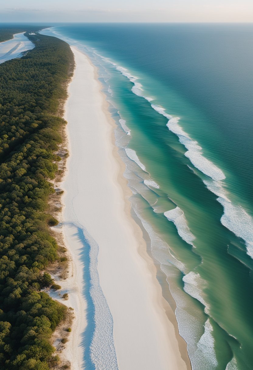 Aerial view of Alabama's best beaches with white sand, clear blue waters, and lush greenery along the coastline