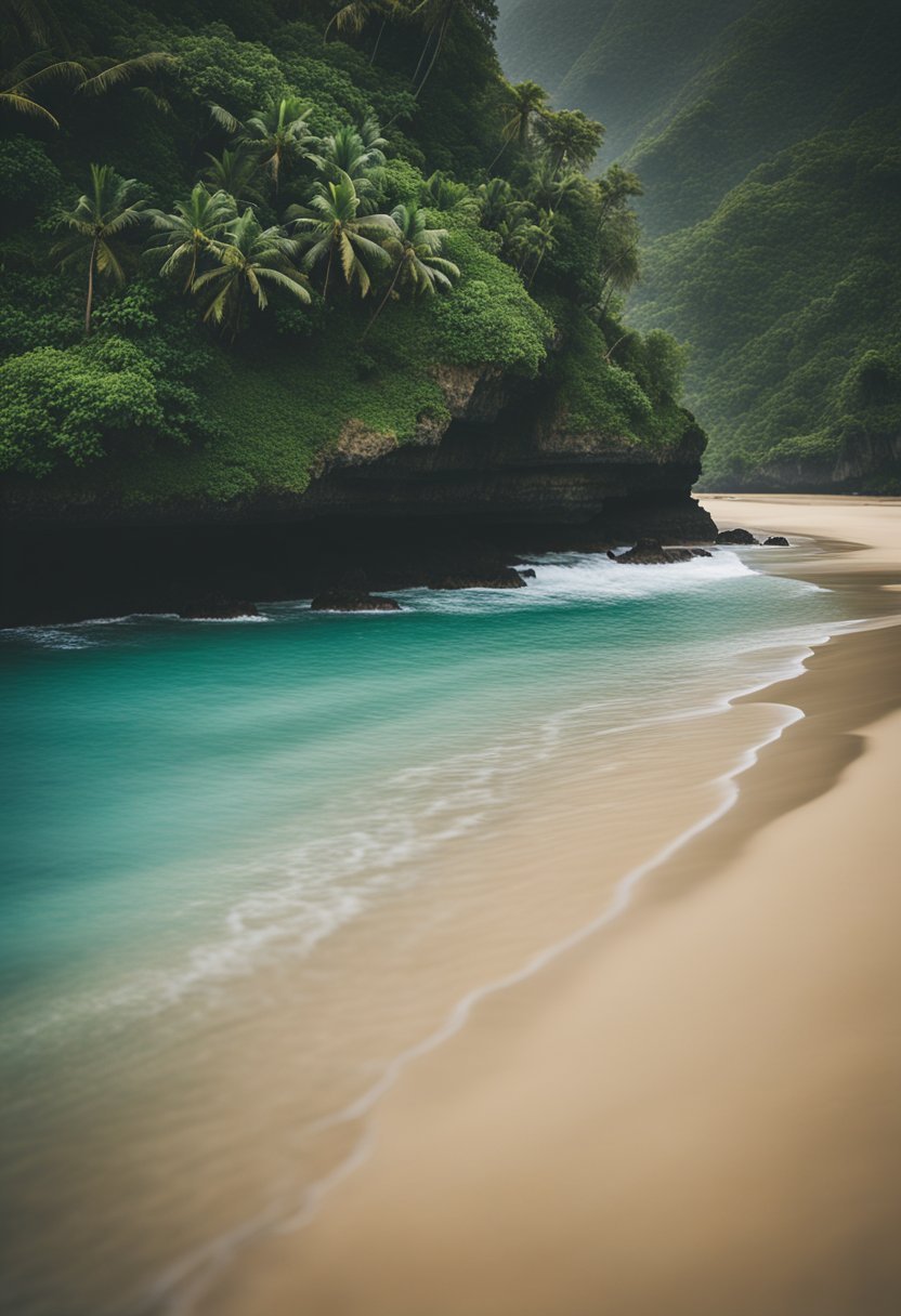 Crystal clear water laps against golden sand at one of Bali's top beaches, framed by lush greenery and towering cliffs