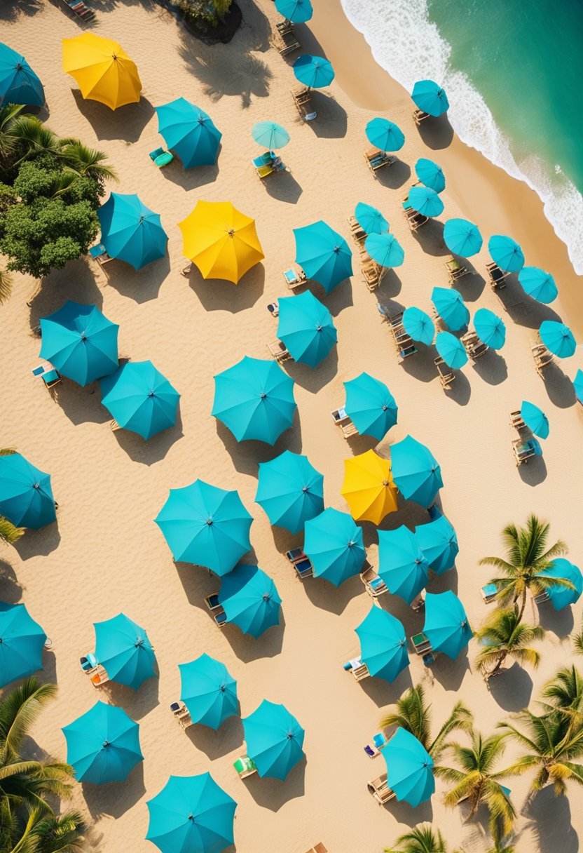 Golden sand, turquoise waves, palm trees, and colorful umbrellas dotting the shoreline at Kuta Beach, one of the top 5 beaches in Bali