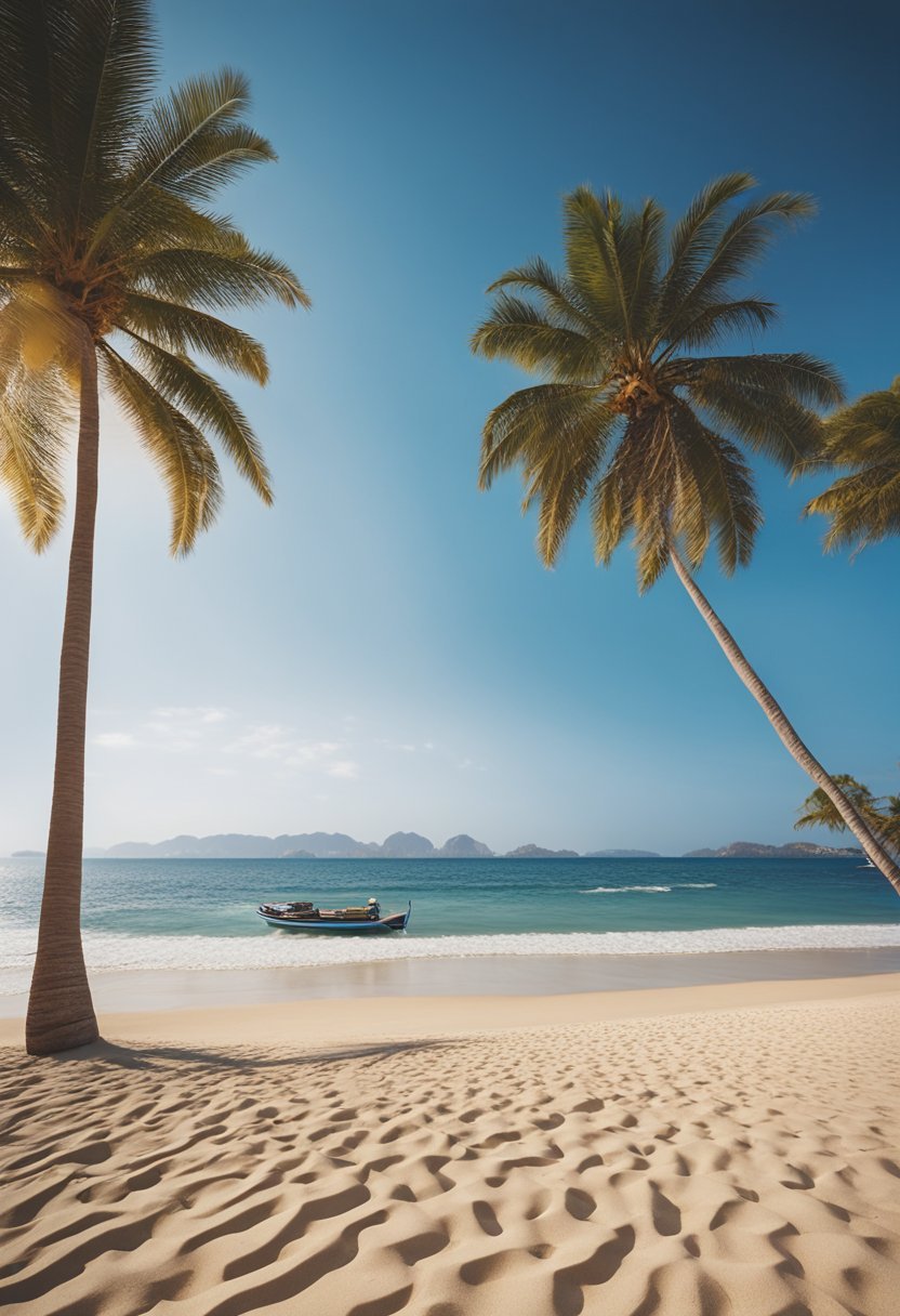 Golden sand stretches along the shore, lapped by gentle waves. Palm trees sway in the breeze, framing a clear blue sky. A few boats dot the horizon, adding to the tranquil scene