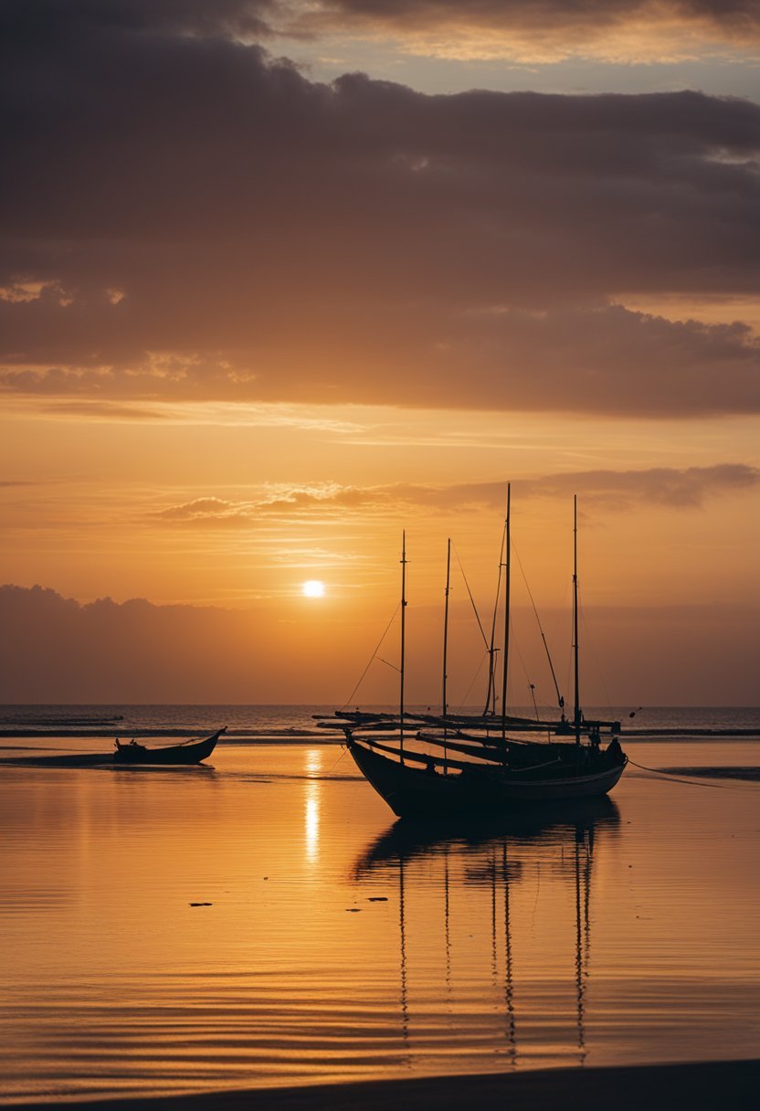 Sunset casts golden glow over Jimbaran Bay Beach, with gentle waves lapping against the shore and silhouettes of traditional fishing boats dotting the horizon