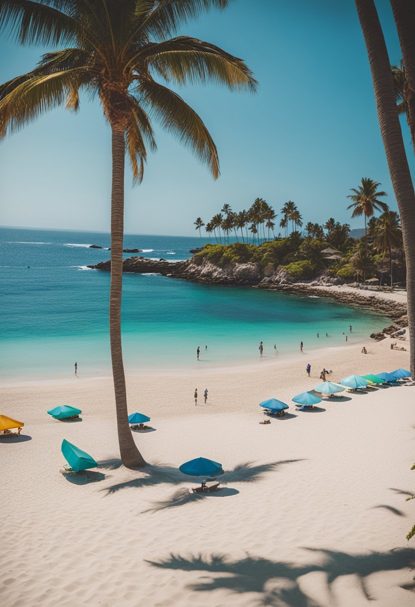 A serene beach with crystal clear waters, palm trees, and colorful umbrellas lining the shore. Surfers catching waves in the distance and beachgoers enjoying various activities like snorkeling and beach volleyball