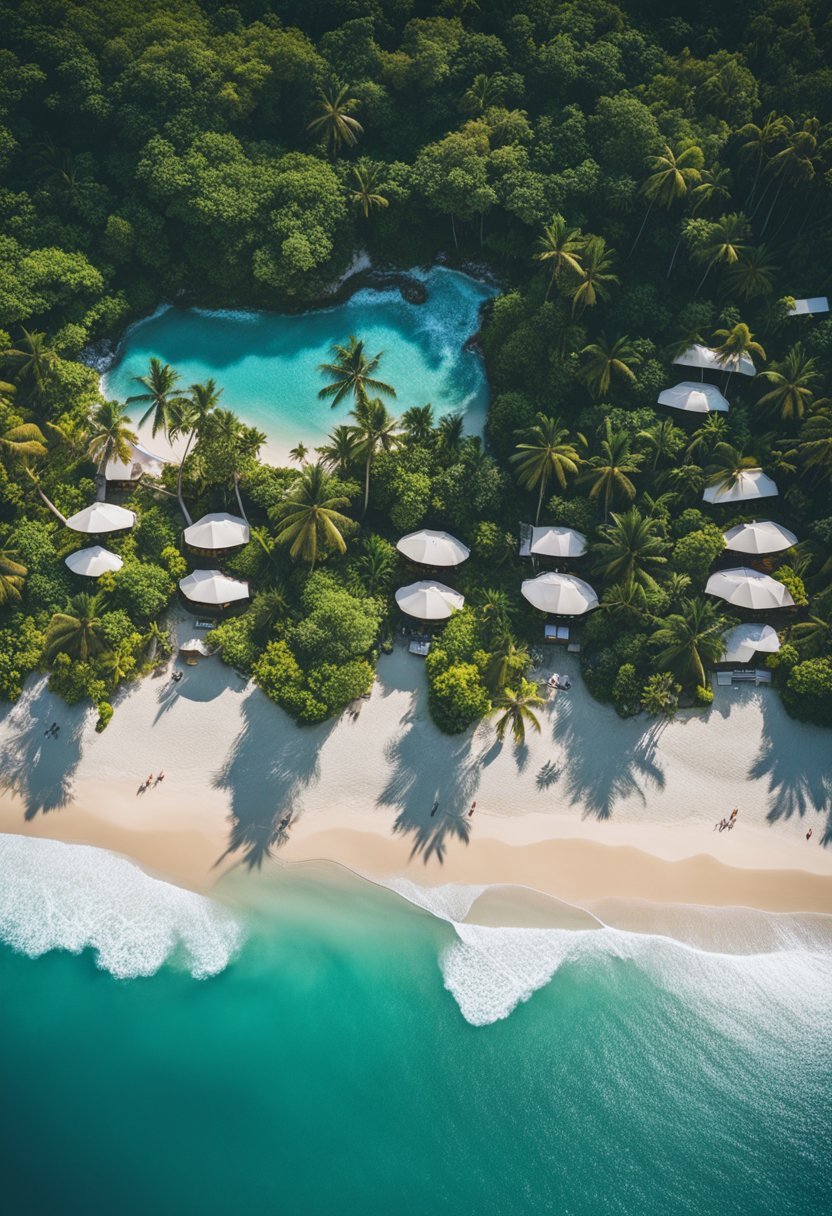 Aerial view of Bali's top 5 beaches with crystal clear waters, white sand, lush greenery, and colorful umbrellas dotting the shoreline