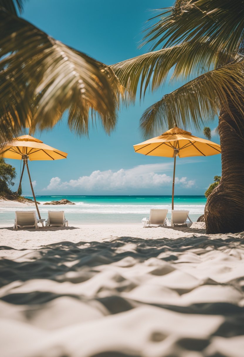 Crystal clear water, white sandy beaches, palm trees, and colorful beach umbrellas scattered along the shore. A gentle breeze rustles the waves, creating a serene and picturesque scene