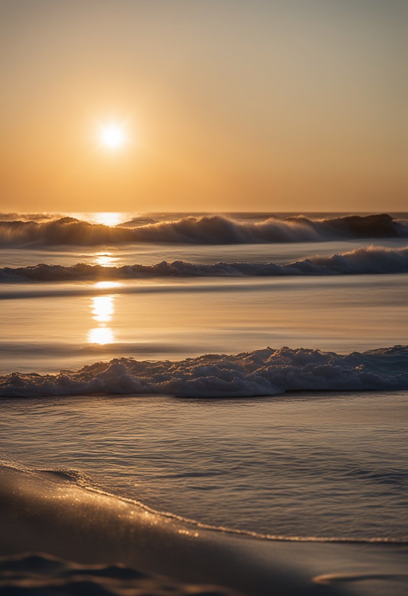 The sun sets over the calm, sandy shore of Henderson Beach State Park, with gentle waves lapping at the coastline