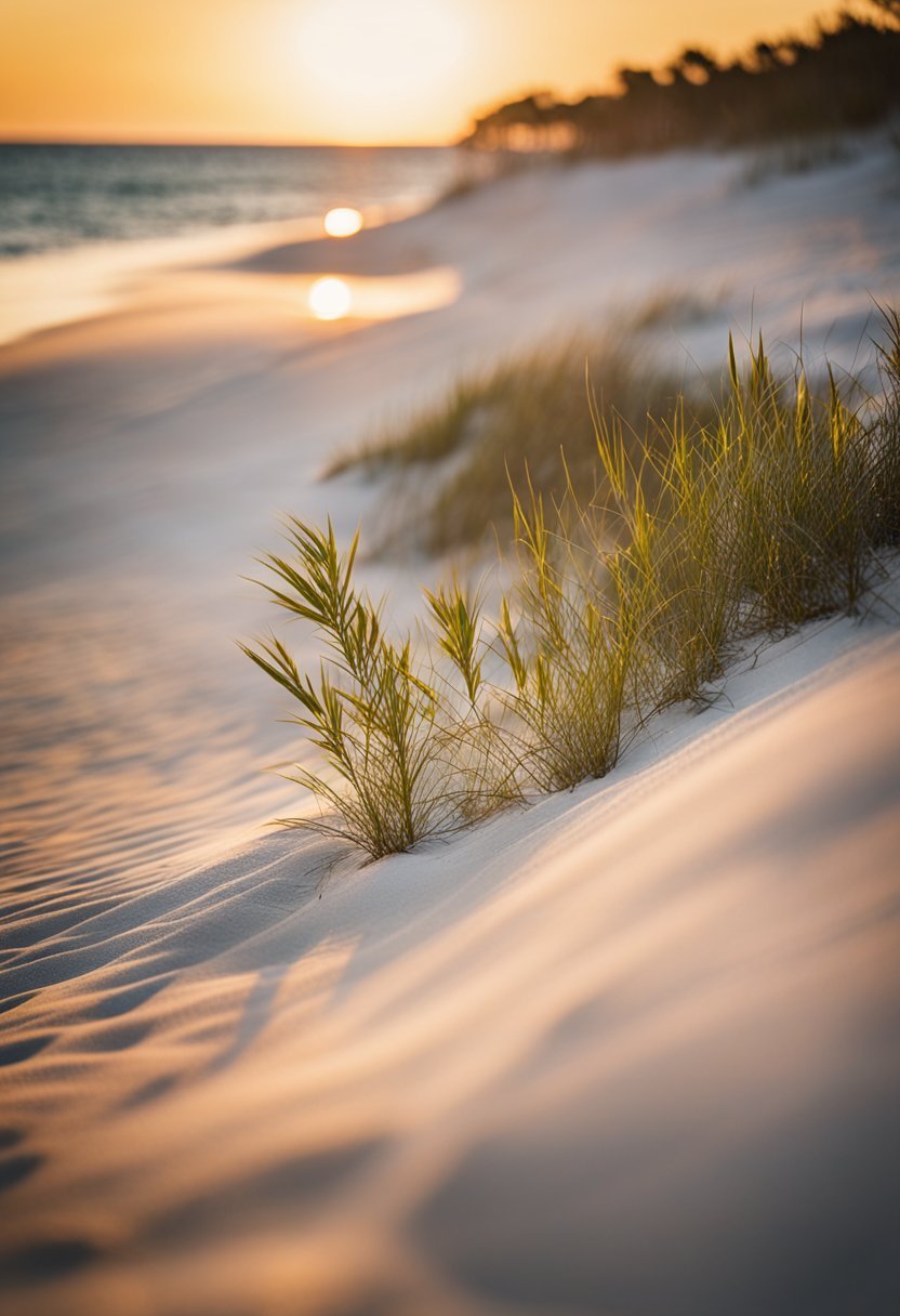 The sun sets over Norreigo Point Beach Park, casting a golden glow on the soft sand and gentle waves of one of the 5 best beaches in Destin, Florida