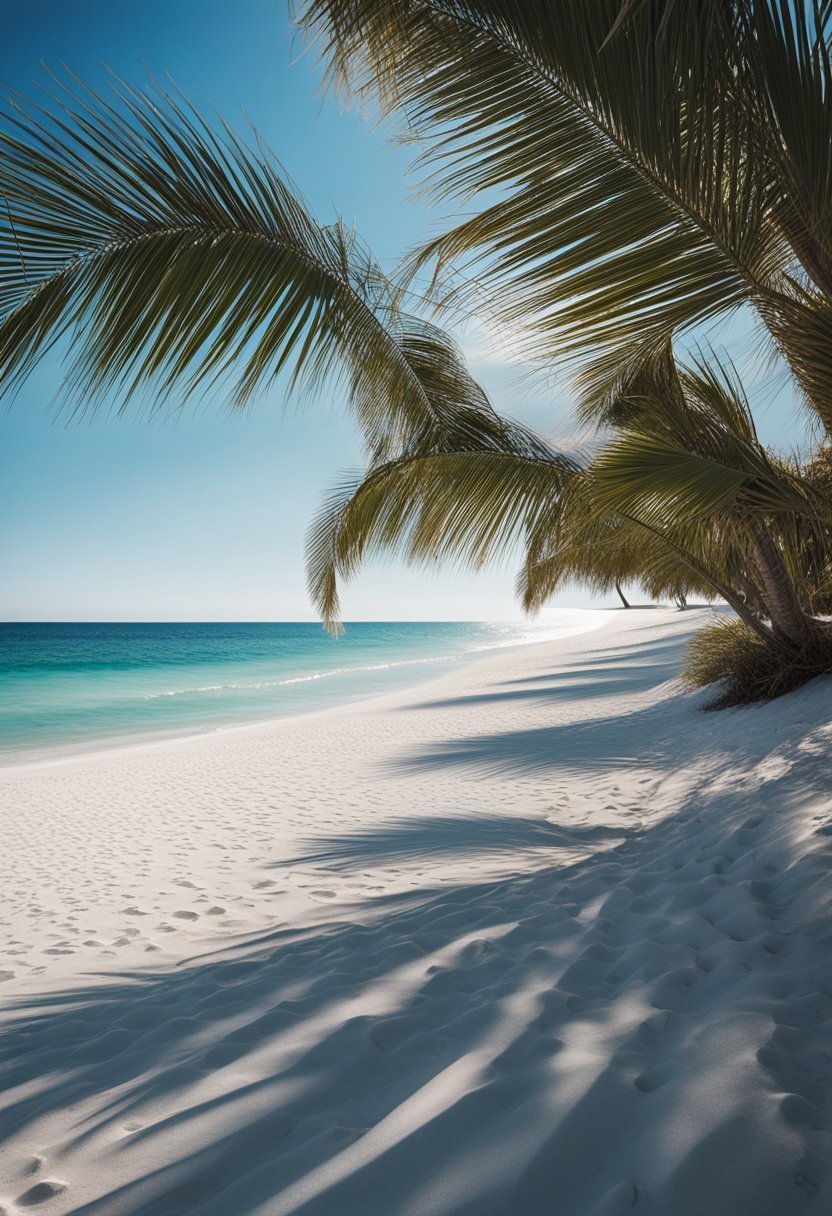 A serene beach scene at John Beasley Park in Destin, Florida, with crystal-clear blue waters, white sandy shores, palm trees, and a clear blue sky