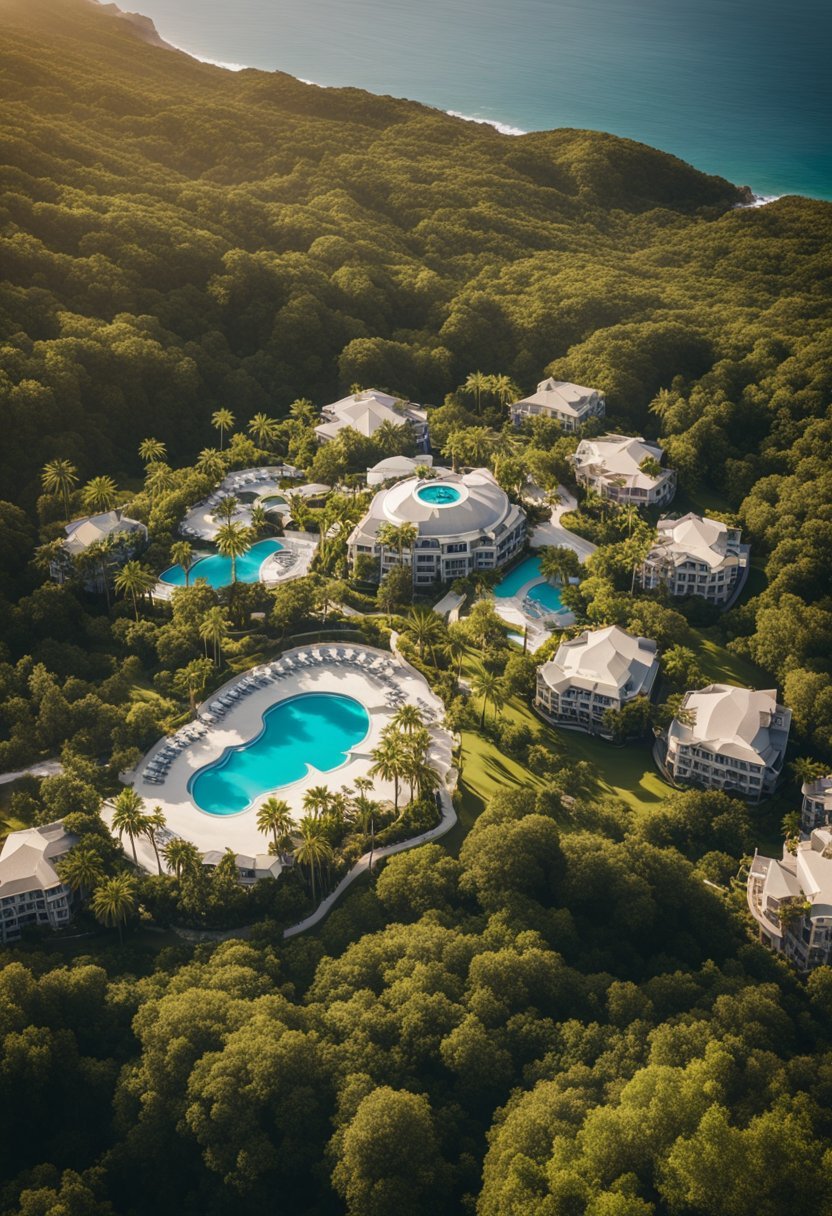 Aerial view of 7 luxurious resorts in the US, nestled amidst lush greenery and surrounded by pristine beaches or majestic mountains