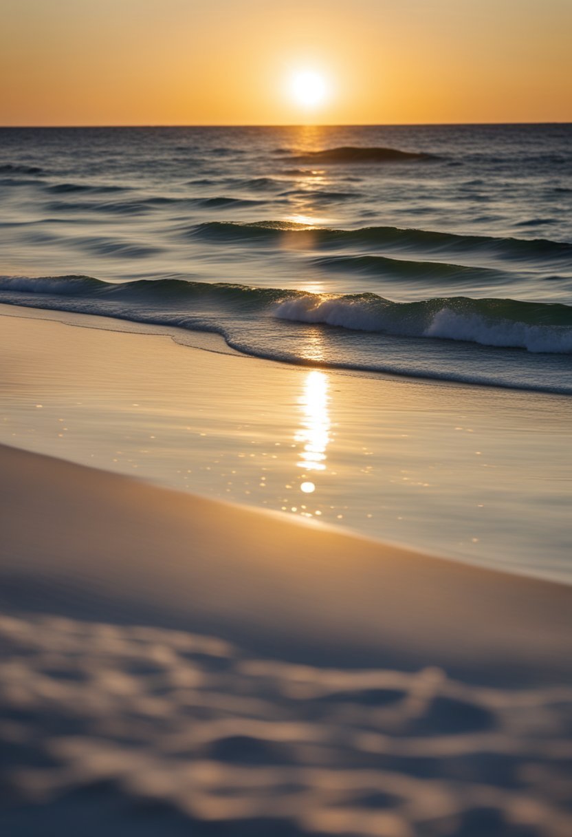 The sun sets over Santa Rosa Beach Park, casting a golden glow on the pristine white sand and crystal-clear waters of one of the best beaches in Destin, Florida