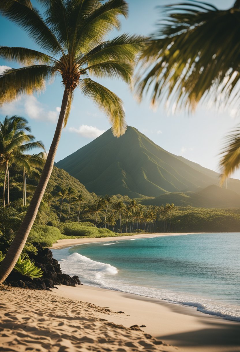 A luxurious resort in Hawaii, with palm trees, sandy beaches, and crystal-clear waters, surrounded by lush greenery and volcanic landscapes