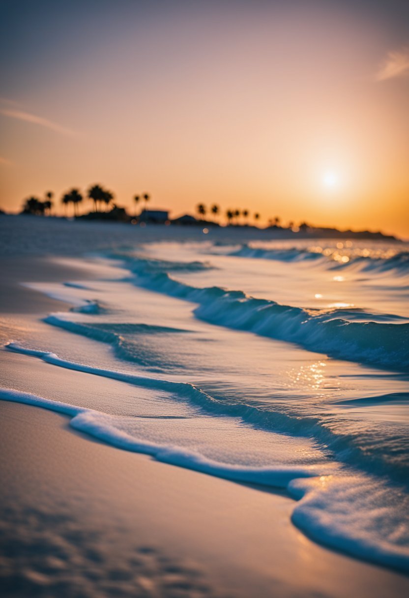 The sun sets over the pristine white sand beaches of Destin, Florida, with clear blue waters and palm trees lining the shore