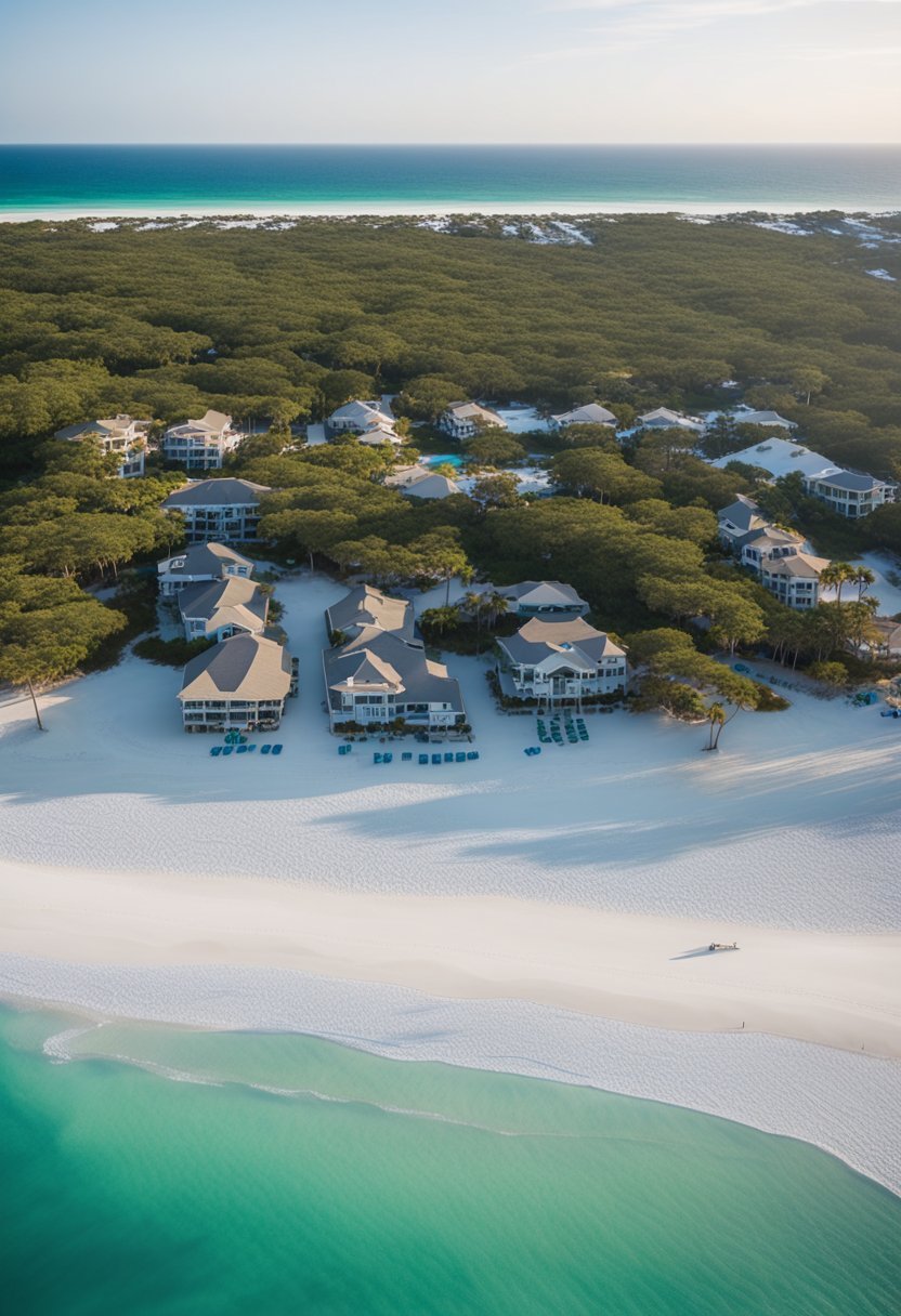 Aerial view of pristine beaches in Destin, Florida with crystal clear waters, white sand, and lush greenery