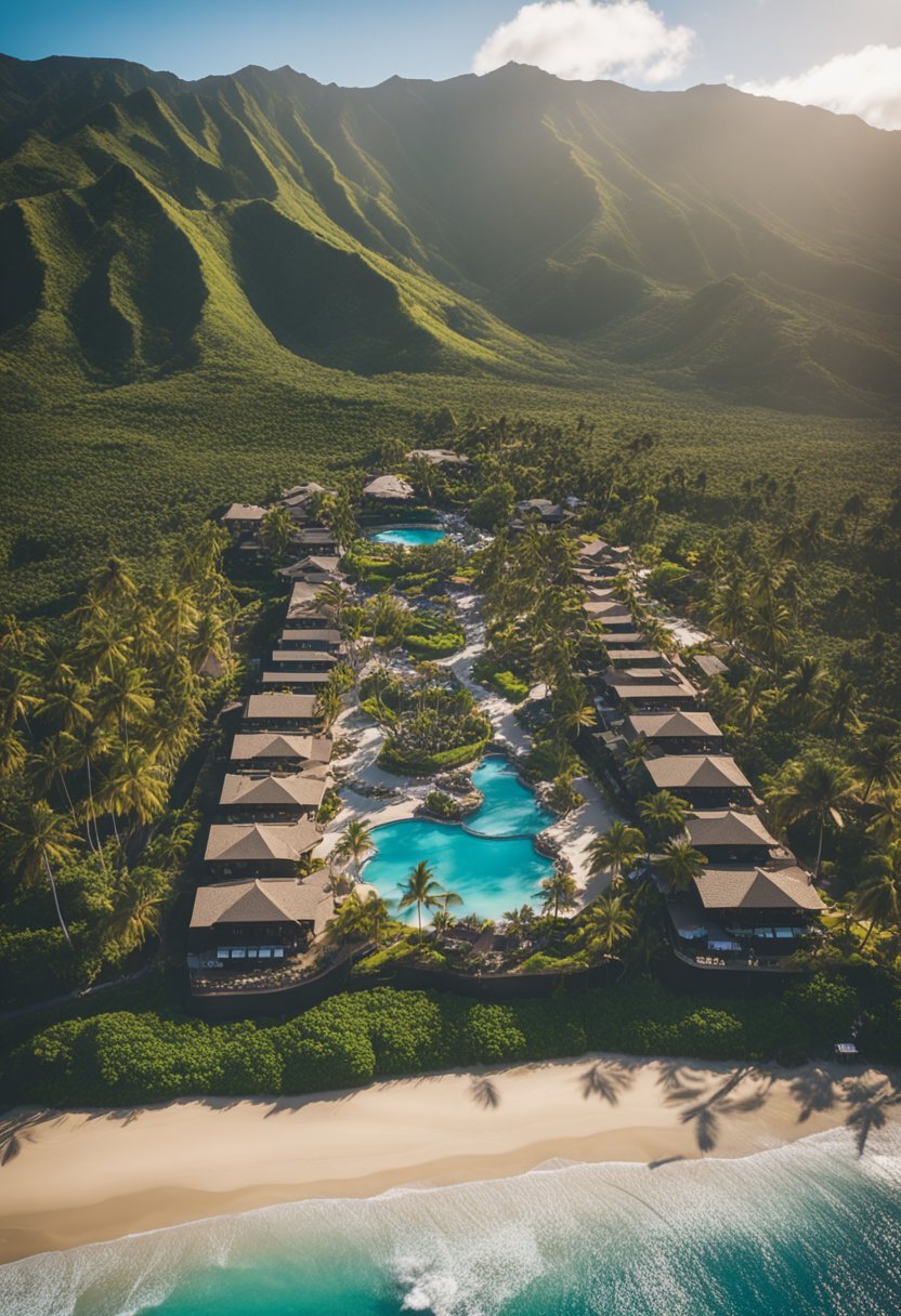 Aerial view of Kona Village, a luxurious resort nestled among palm trees and overlooking the crystal-clear waters of the Pacific Ocean in Hawaii