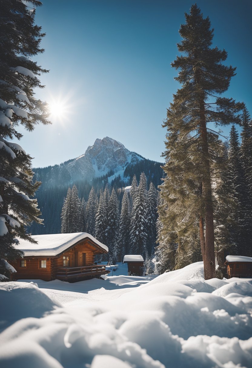 A snow-covered mountain resort nestled among pine trees under a clear blue sky, with cozy cabins and ski slopes