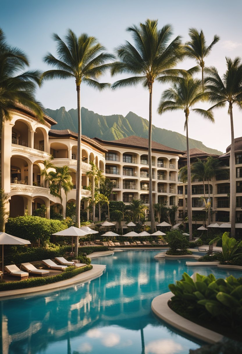 A luxurious beachfront resort with palm trees, a sparkling pool, and elegant architecture set against the backdrop of the stunning Hawaiian coastline