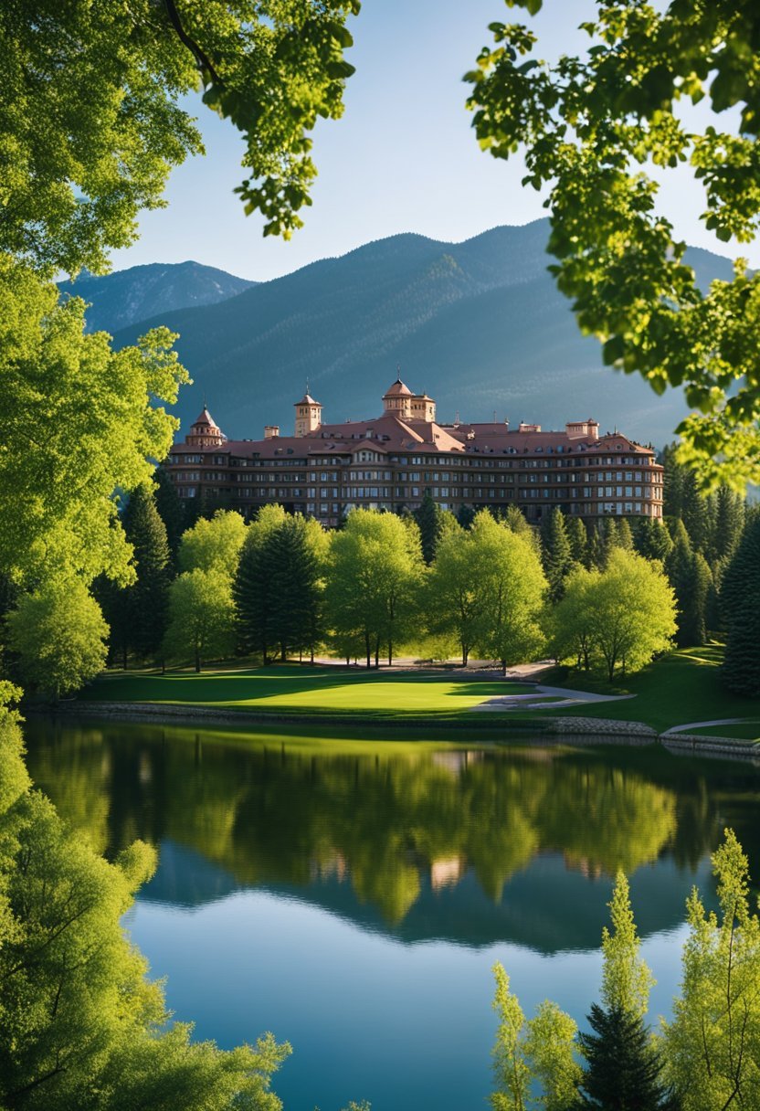 A panoramic view of The Broadmoor resort in Colorado, with lush greenery, grand buildings, and a serene lake nestled in the Rocky Mountains