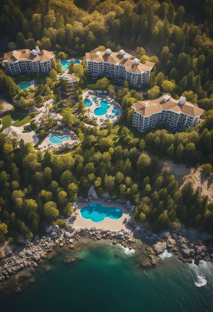 Aerial view of 7 iconic US resorts nestled in diverse landscapes, from coastal cliffs to snowy peaks, each offering unique amenities and experiences