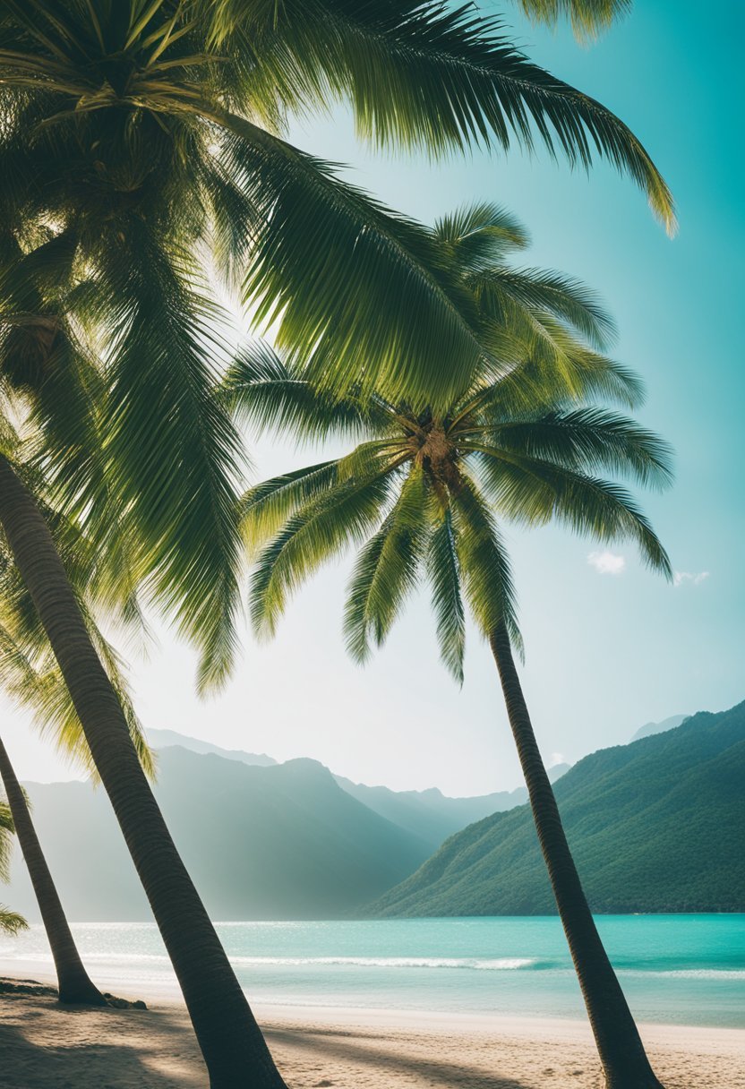 Palm trees and turquoise waves line the sandy shore, with a backdrop of lush green mountains and a clear blue sky