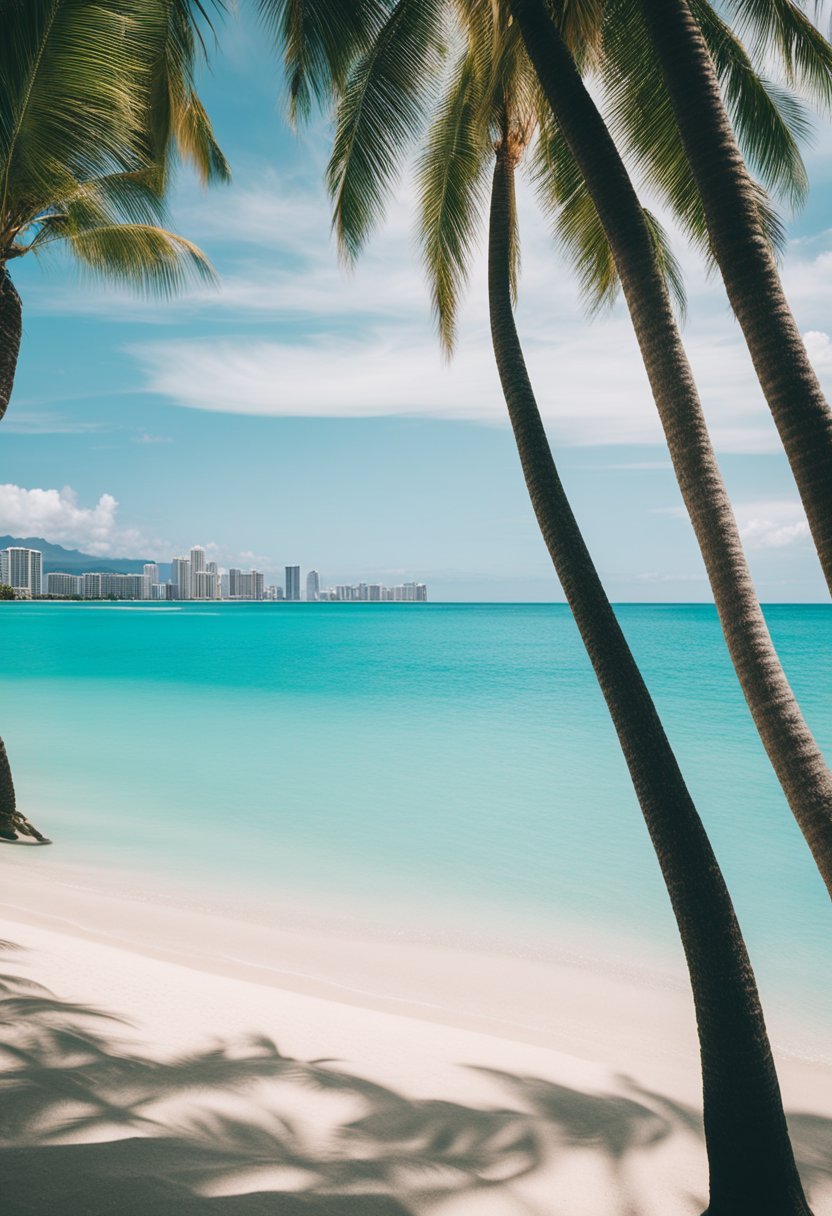 Crystal clear turquoise waters gently lapping against the soft white sand of Waikiki Beach, with palm trees swaying in the warm Hawaiian breeze