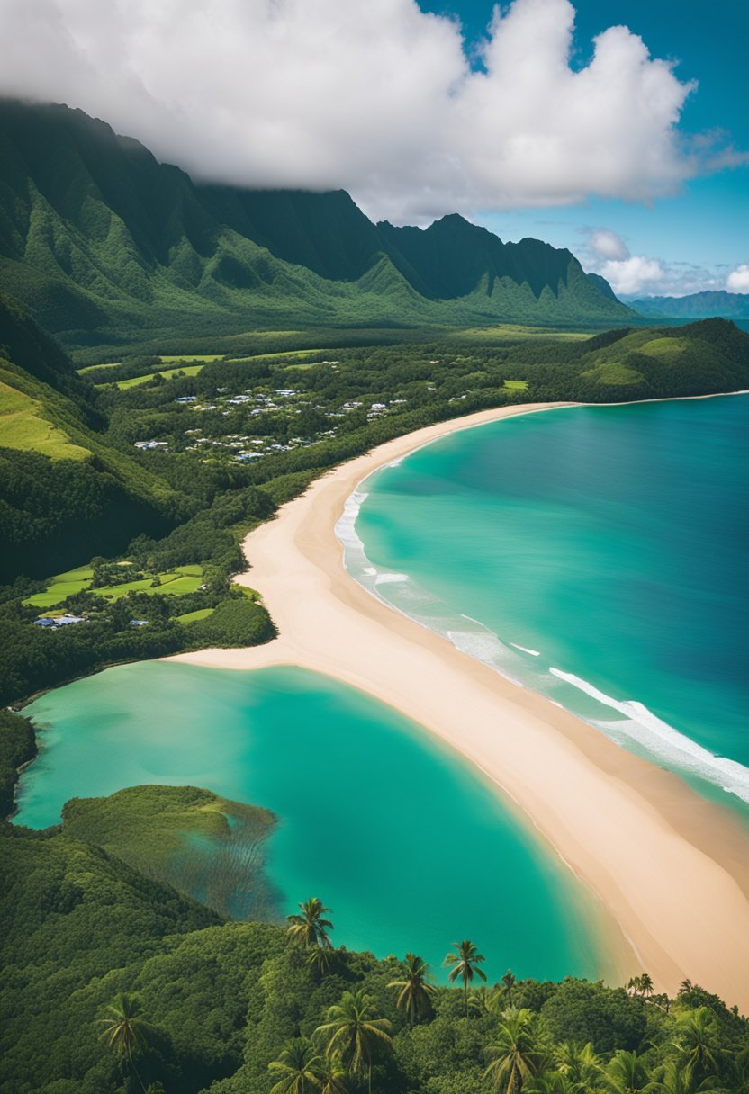 Golden sand, turquoise water, and lush green mountains surround Hanalei Bay, one of the 7 best beaches in Hawaii