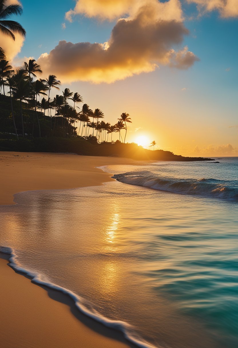 The sun sets over Poipu Beach Park, casting a warm golden glow on the sandy shore and turquoise waters, with palm trees swaying gently in the breeze