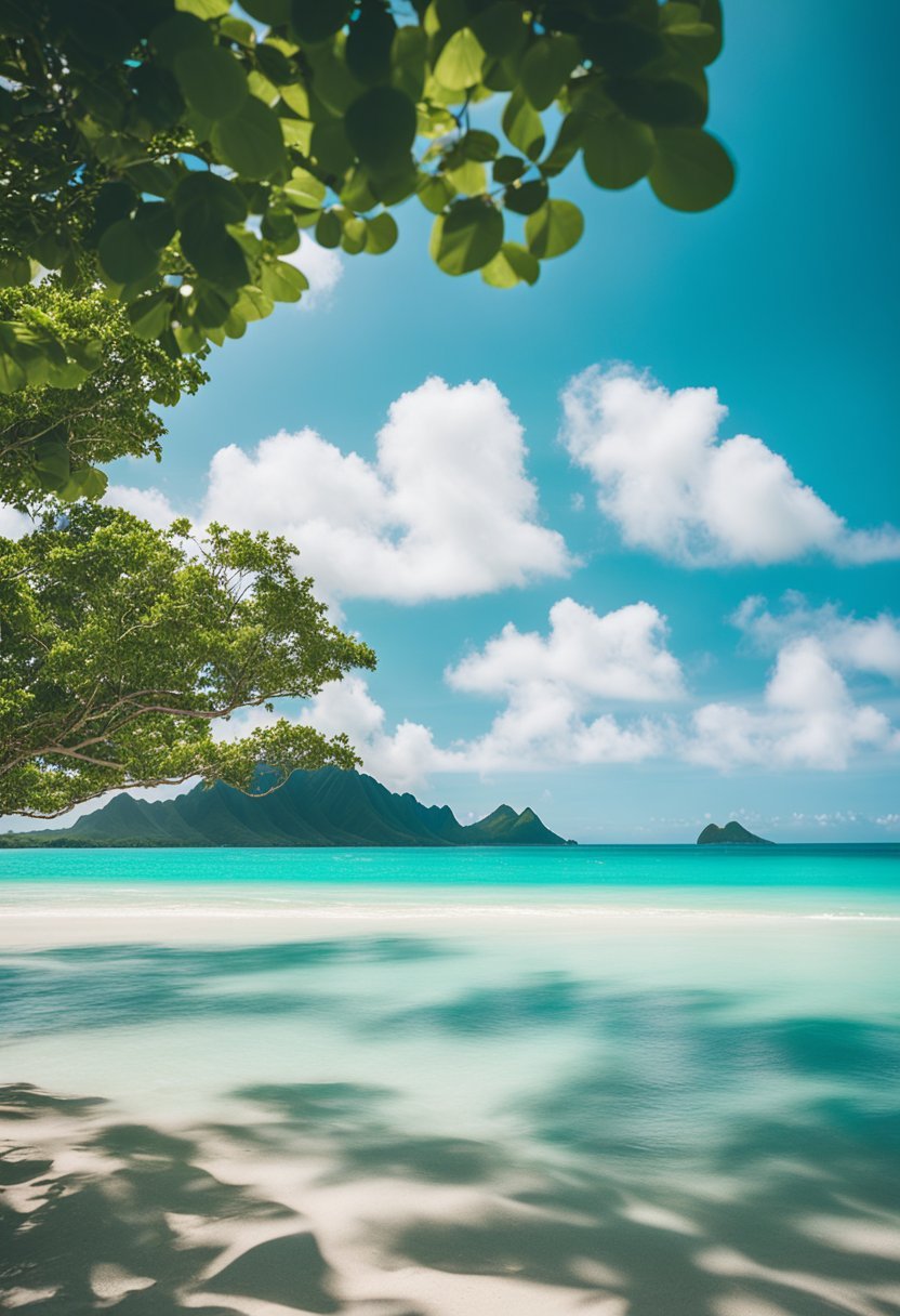 Turquoise waters lap against white sand at Lanikai Beach, framed by lush greenery and the iconic Mokulua Islands in the distance