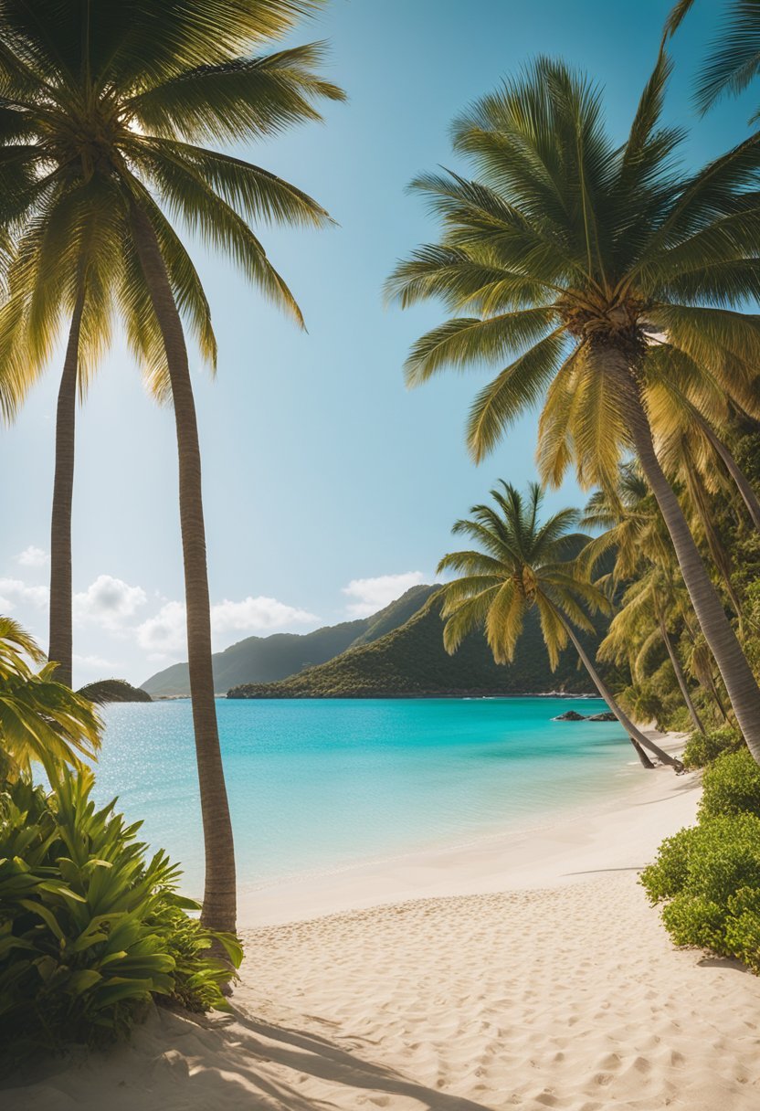 Turquoise water laps against golden sand at Kua Bay, with palm trees swaying in the gentle breeze. A clear blue sky stretches overhead, creating a serene and inviting beach scene