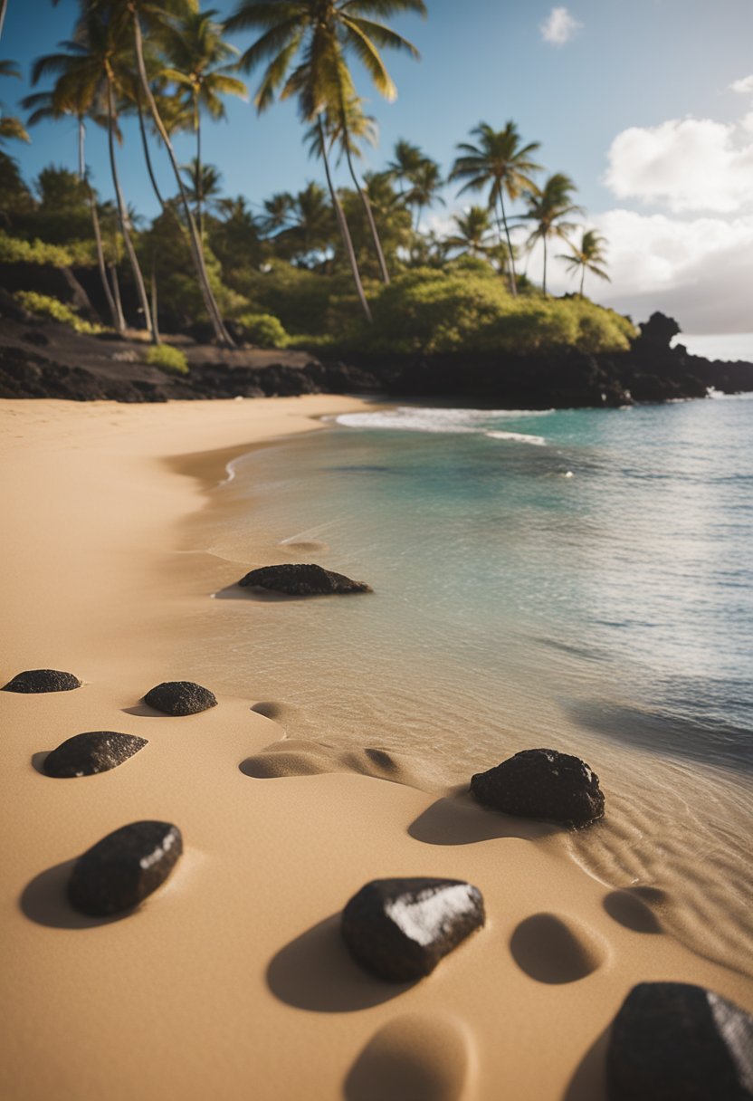 Golden sand, crystal clear water, palm trees swaying in the gentle breeze, with the iconic volcanic rock formations in the background at Napili Beach, Maui