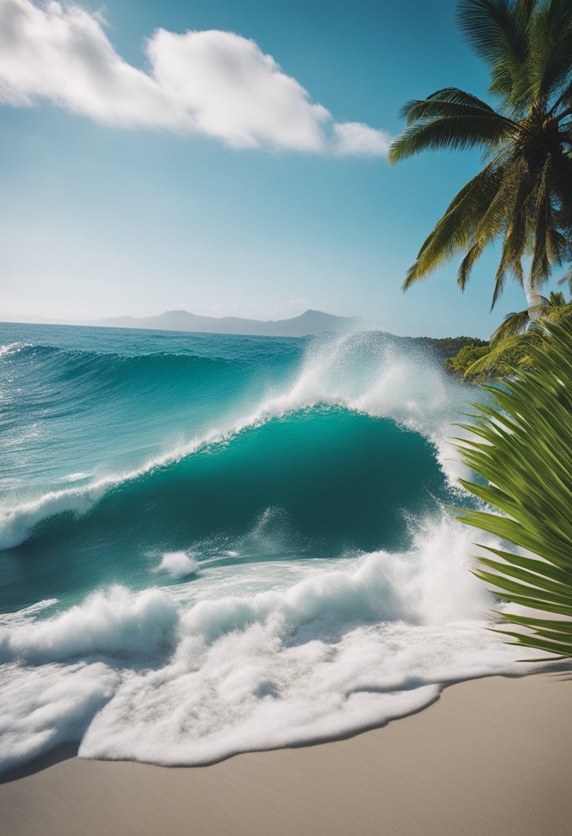 Turquoise waves crash onto pristine white sand beaches, framed by lush green palm trees and volcanic cliffs under a clear blue sky