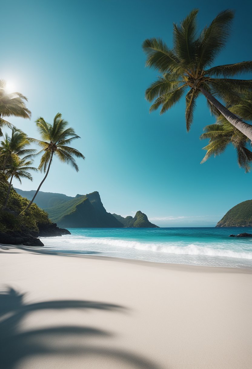 Palm trees sway on white sandy beaches, as turquoise waves crash against the shore. Volcanic cliffs rise in the distance under a clear blue sky