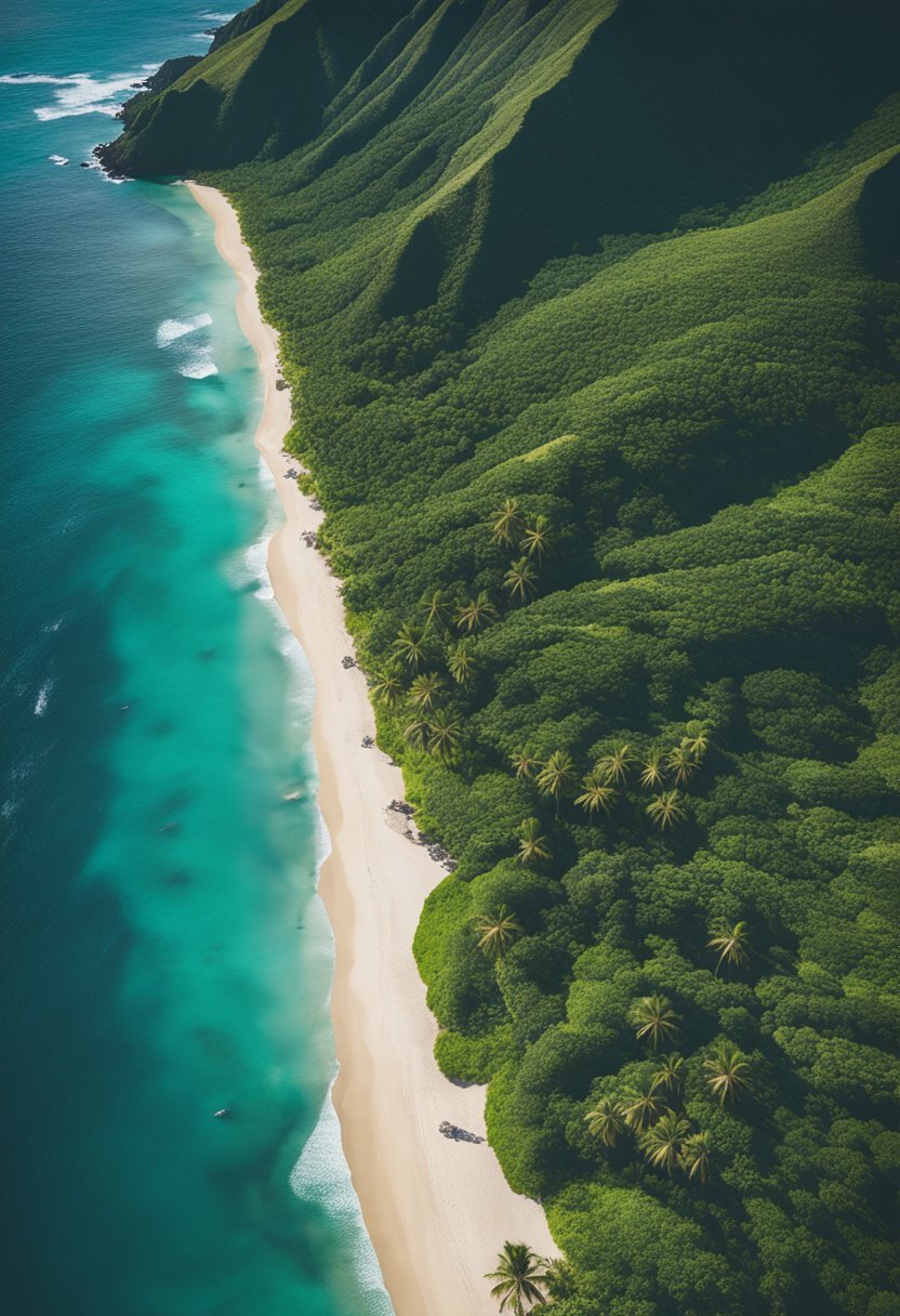 Aerial view of 7 iconic Hawaii beaches with crystal clear waters, white sandy shores, and lush greenery lining the coast