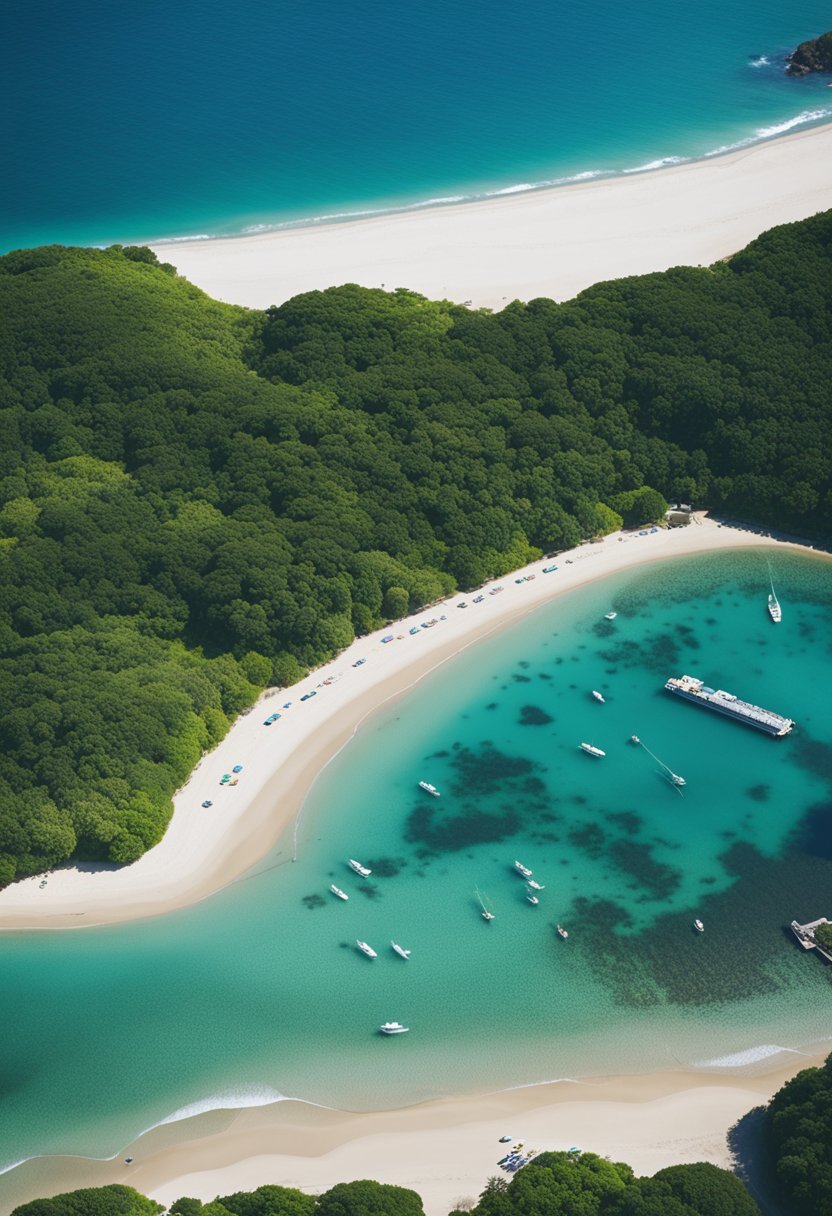 Aerial view of 7 serene beaches in Japan with clear blue waters, white sandy shores, and lush greenery lining the coastline