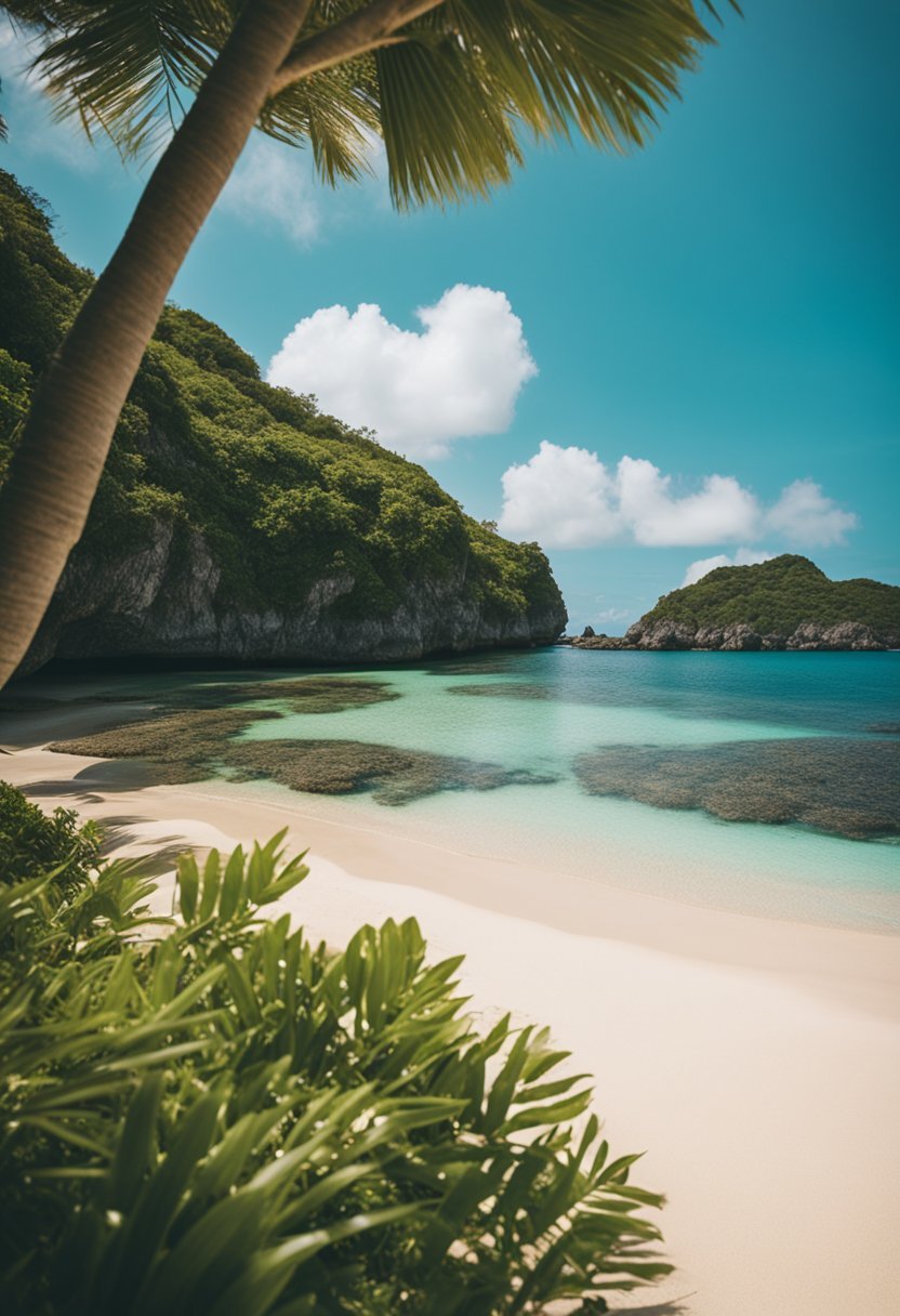 Golden sand stretches along turquoise water, framed by lush greenery and rocky outcrops. A serene, idyllic beach scene in Okinawa