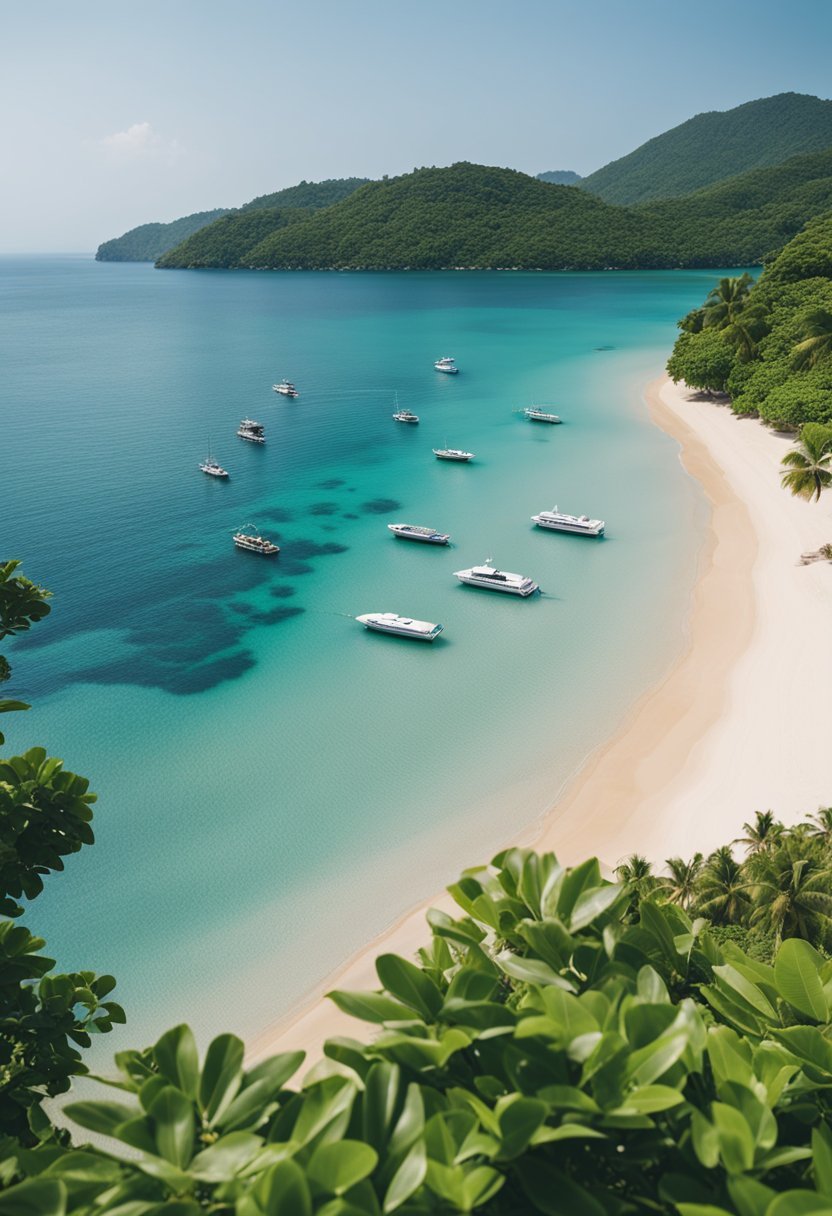 A serene beach with golden sand, clear blue water, and lush greenery along the coastline, with a few small boats anchored near the shore