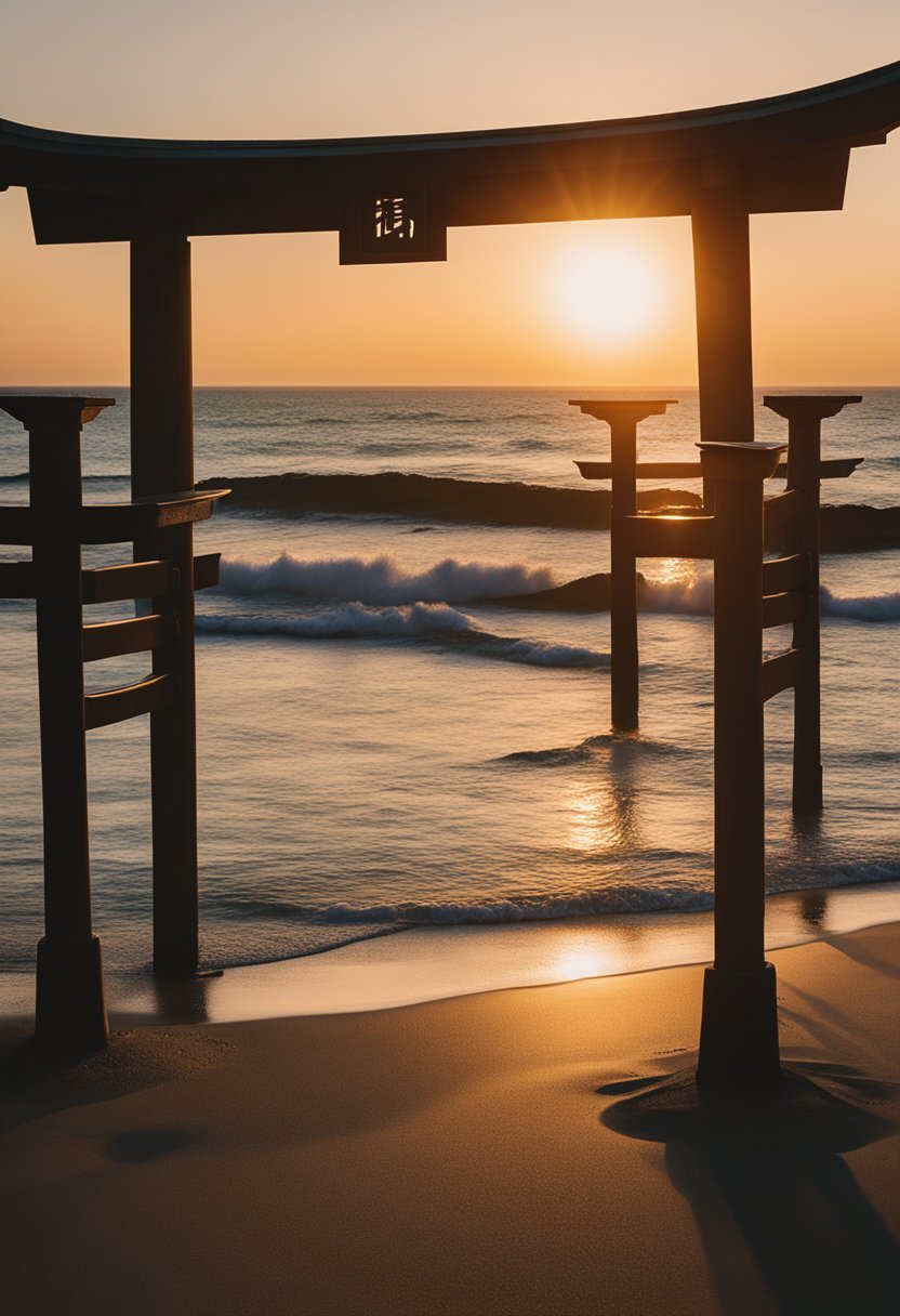 The sun sets over a tranquil beach, with gentle waves lapping against the shore. A torii gate stands in the distance, symbolizing the cultural significance of Japan's beaches