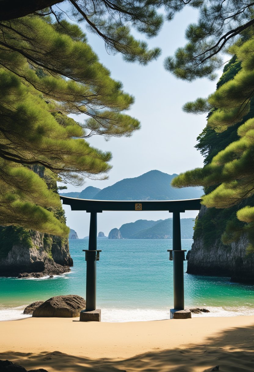 Crystal-clear waters lap against golden sand, framed by lush greenery and rugged cliffs. A lone torii gate stands at the edge of the shore, a symbol of Japan's unique coastal beauty