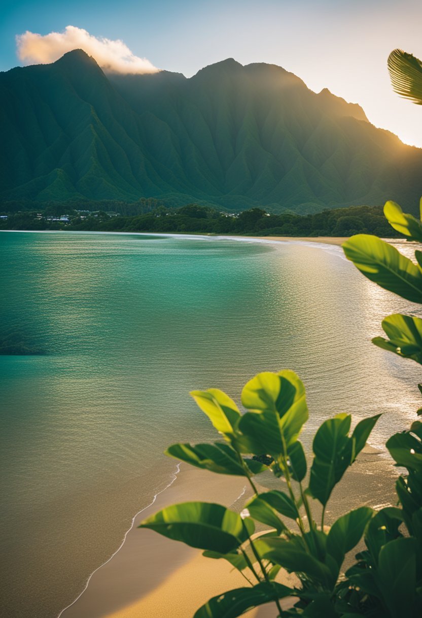 Sunset over Hanalei Bay, with golden sand, turquoise water, and lush green mountains in the background